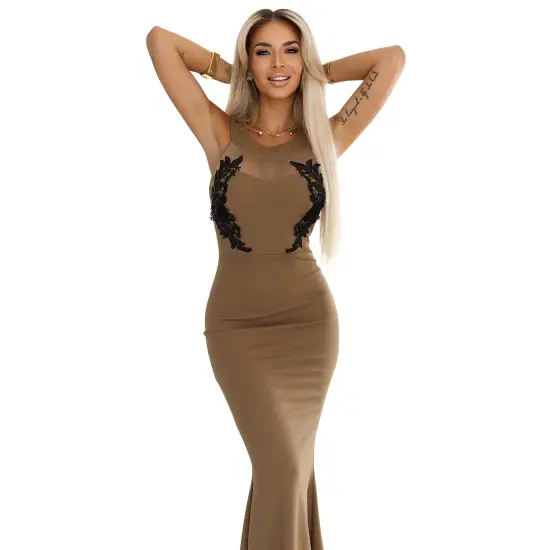 617-1 Długa suknia syrenka z czarną koronką i siateczką - MOCHA MOUSSE-10
