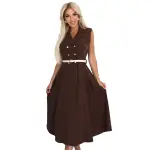 596-4 Elegancka szmizjerka midi ze złotymi guzikami i paskiem - CZEKOLADOWA-7