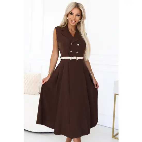596-4 Elegancka szmizjerka midi ze złotymi guzikami i paskiem - CZEKOLADOWA-4