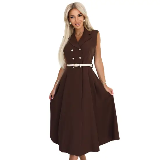 596-4 Elegancka szmizjerka midi ze złotymi guzikami i paskiem - CZEKOLADOWA-7