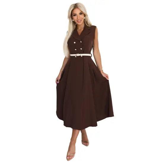 596-4 Elegancka szmizjerka midi ze złotymi guzikami i paskiem - CZEKOLADOWA-8
