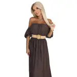 614-1 Sukienka maxi w stylu boho z odkrytymi ramionami i paskiem - CZEKOLADOWA-9