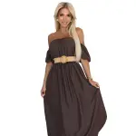 614-1 Sukienka maxi w stylu boho z odkrytymi ramionami i paskiem - CZEKOLADOWA-10