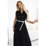 596-3 Elegancka szmizjerka midi ze złotymi guzikami i paskiem - CZARNA-2