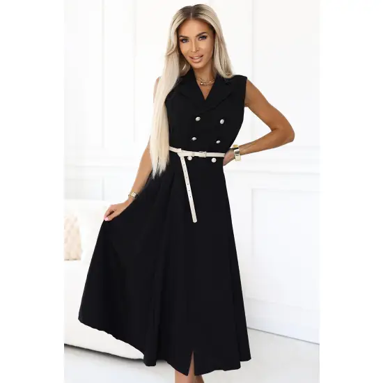 596-3 Elegancka szmizjerka midi ze złotymi guzikami i paskiem - CZARNA-1