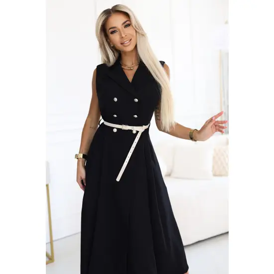 596-3 Elegancka szmizjerka midi ze złotymi guzikami i paskiem - CZARNA-2