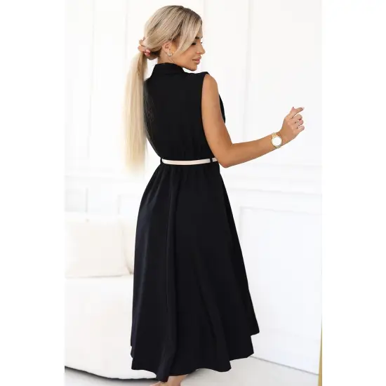 596-3 Elegancka szmizjerka midi ze złotymi guzikami i paskiem - CZARNA-5