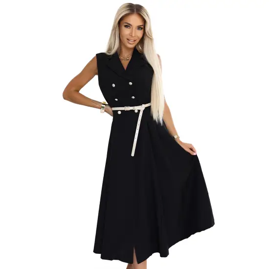 596-3 Elegancka szmizjerka midi ze złotymi guzikami i paskiem - CZARNA-8