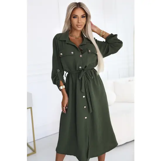 531-5 Szmizjerka midi ze złotymi guzikami i wiązaniem - KHAKI-1