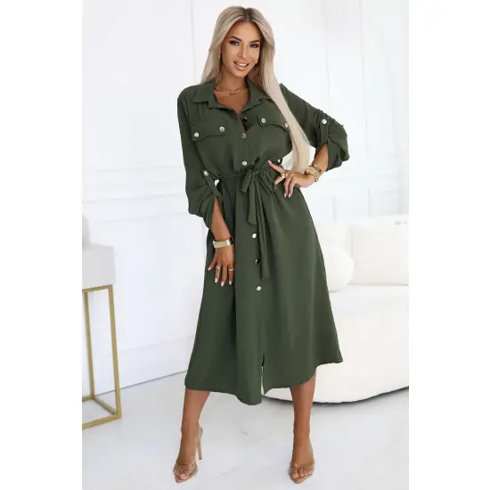 531-5 Szmizjerka midi ze złotymi guzikami i wiązaniem - KHAKI-2
