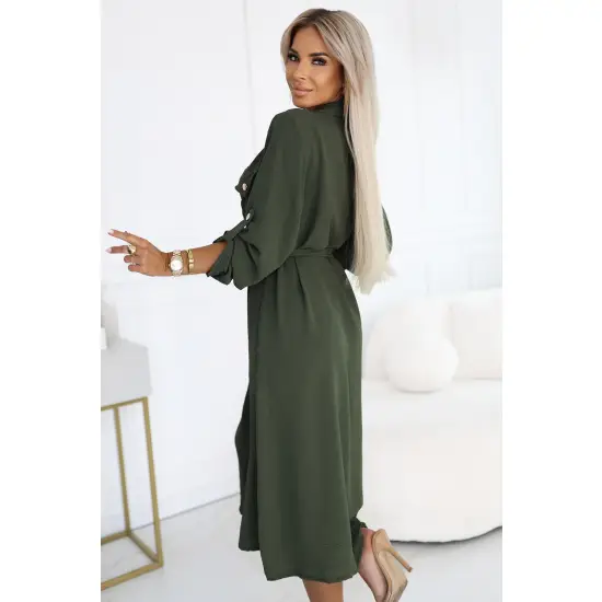 531-5 Szmizjerka midi ze złotymi guzikami i wiązaniem - KHAKI-3