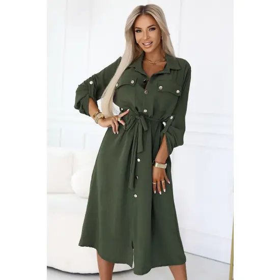 531-5 Szmizjerka midi ze złotymi guzikami i wiązaniem - KHAKI-4