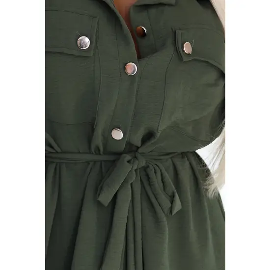 531-5 Szmizjerka midi ze złotymi guzikami i wiązaniem - KHAKI-5