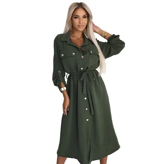 531-5 Szmizjerka midi ze złotymi guzikami i wiązaniem - KHAKI-6