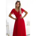 562-7 NASTIA Długa sukienka z dekoltem i krótkim rękawkiem - CZERWONA-2