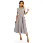 596-2 Elegancka szmizjerka midi ze złotymi guzikami i paskiem - SZARY BEŻ-7