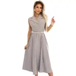 596-2 Elegancka szmizjerka midi ze złotymi guzikami i paskiem - SZARY BEŻ-8