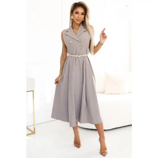 596-2 Elegancka szmizjerka midi ze złotymi guzikami i paskiem - SZARY BEŻ-1