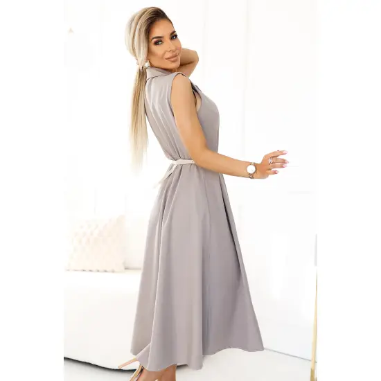596-2 Elegancka szmizjerka midi ze złotymi guzikami i paskiem - SZARY BEŻ-4
