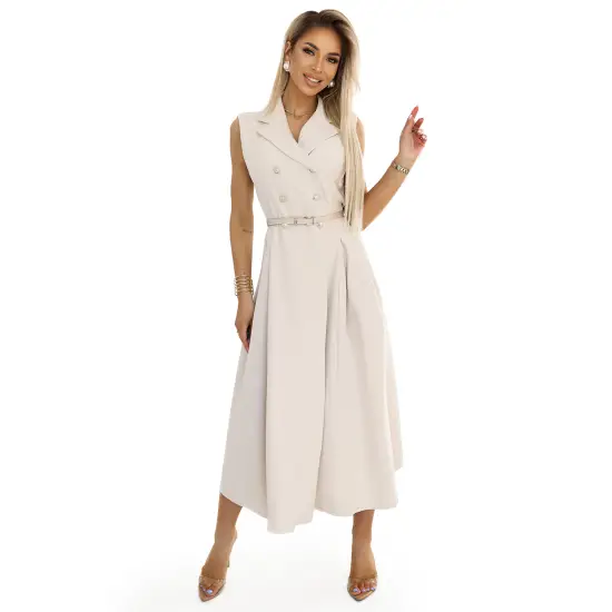596-1 Elegancka szmizjerka midi ze złotymi guzikami i paskiem - BEŻOWA-7