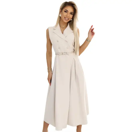 596-1 Elegancka szmizjerka midi ze złotymi guzikami i paskiem - BEŻOWA-8
