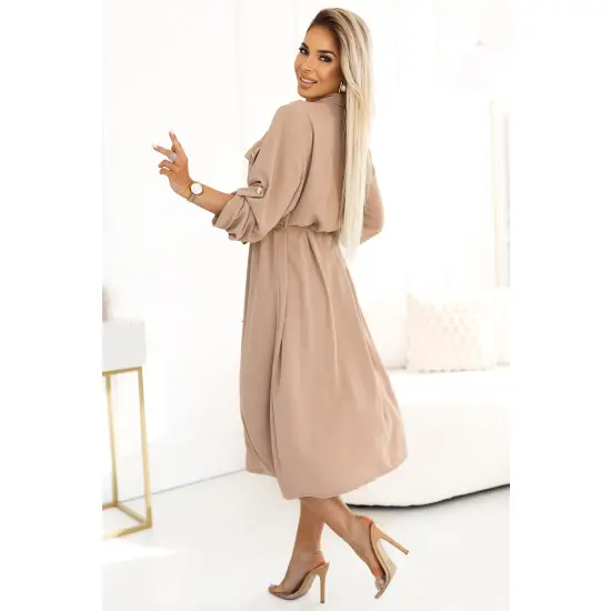 531-3 Szmizjerka midi ze złotymi guzikami i wiązaniem - MOCHA MOUSSE-2