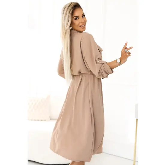 531-3 Szmizjerka midi ze złotymi guzikami i wiązaniem - MOCHA MOUSSE-5