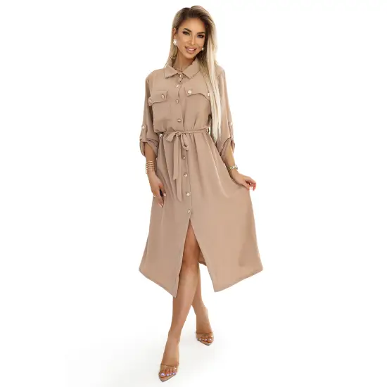 531-3 Szmizjerka midi ze złotymi guzikami i wiązaniem - MOCHA MOUSSE-7