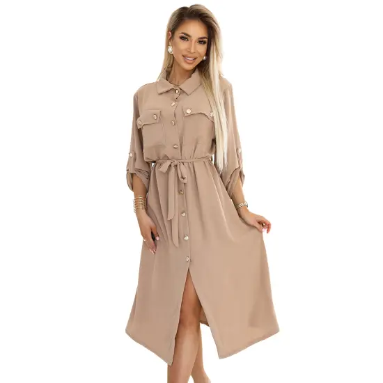 531-3 Szmizjerka midi ze złotymi guzikami i wiązaniem - MOCHA MOUSSE-8