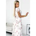 434-4 LISA Plisowana sukienka midi z dekoltem i falbankami - kwiat brzoskwini na białym tle-5