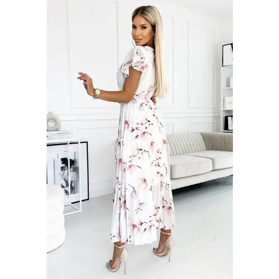 434-4 LISA Plisowana sukienka midi z dekoltem i falbankami - kwiat brzoskwini na białym tle-3