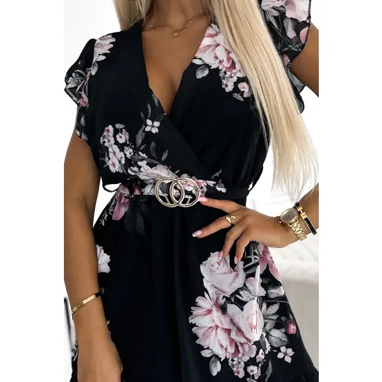 468-2 PATRIZIA sukienka z kopertowym dekoltem, paskiem i krótkim rękawkiem - CZARNA W RÓŻE-5