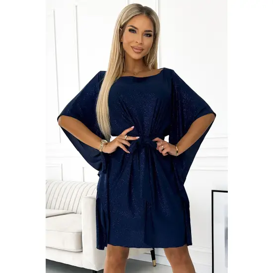 287-25 SOFIA Sukienka motyl z wiązaniem w pasie - GRANATOWA z brokatem-4