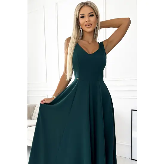 246-5 CINDY długa elegancka suknia z dekoltem - ZIELONA-4