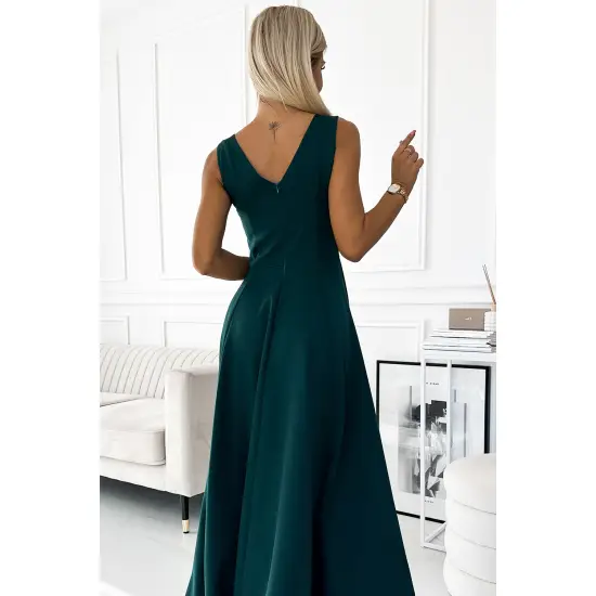 246-5 CINDY długa elegancka suknia z dekoltem - ZIELONA-5