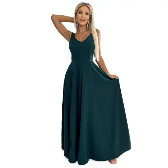 246-5 CINDY długa elegancka suknia z dekoltem - ZIELONA-7