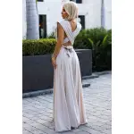 509-2 Elegancka długa suknia wiązana na wiele sposobów - BEŻOWA z brokatem-3