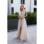 509-2 Elegancka długa suknia wiązana na wiele sposobów - BEŻOWA z brokatem-6