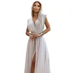 509-2 Elegancka długa suknia wiązana na wiele sposobów - BEŻOWA z brokatem-10