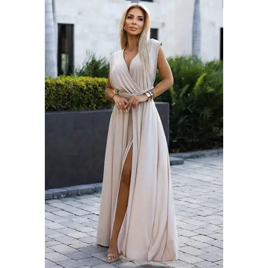 509-2 Elegancka długa suknia wiązana na wiele sposobów - BEŻOWA z brokatem-1