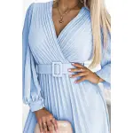 414-10 KLARA plisowana sukienka z paskiem i dekoltem - BŁĘKITNA-6