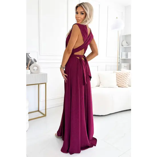 509-3 Elegancka długa suknia wiązana na wiele sposobów - BORDOWA z brokatem-3