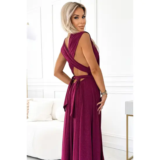 509-3 Elegancka długa suknia wiązana na wiele sposobów - BORDOWA z brokatem-5