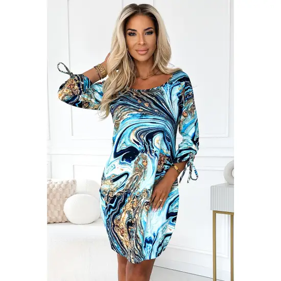 281-7 SOPHIE Wygodna sukienka z kieszeniami Oversize - NIEBIESKO-ZŁOTE FALE-1