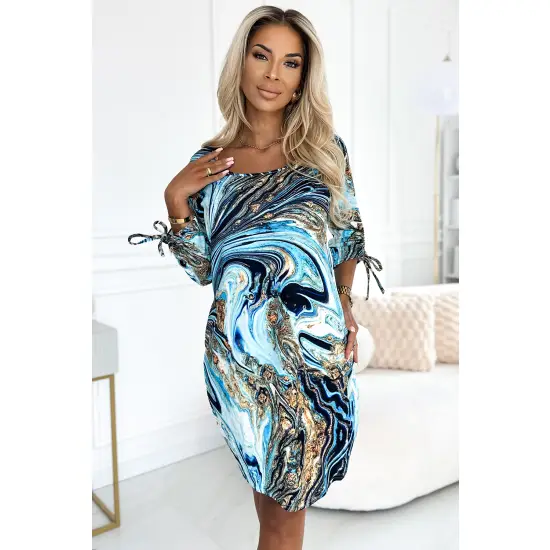 281-7 SOPHIE Wygodna sukienka z kieszeniami Oversize - NIEBIESKO-ZŁOTE FALE-3