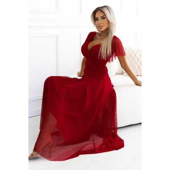 562-2 NASTIA Długa sukienka z dekoltem i krótkim rękawkiem - BORDOWA-4