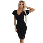 479-9 NINA elegancka sukienka z kopertowym dekoltem, rękawkiem i paskiem - CZARNA-1