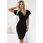 479-9 NINA elegancka sukienka z kopertowym dekoltem, rękawkiem i paskiem - CZARNA-5