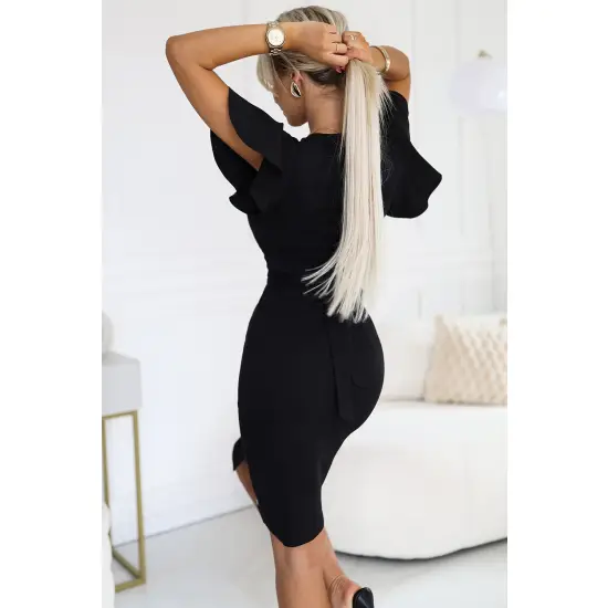479-9 NINA elegancka sukienka z kopertowym dekoltem, rękawkiem i paskiem - CZARNA-3