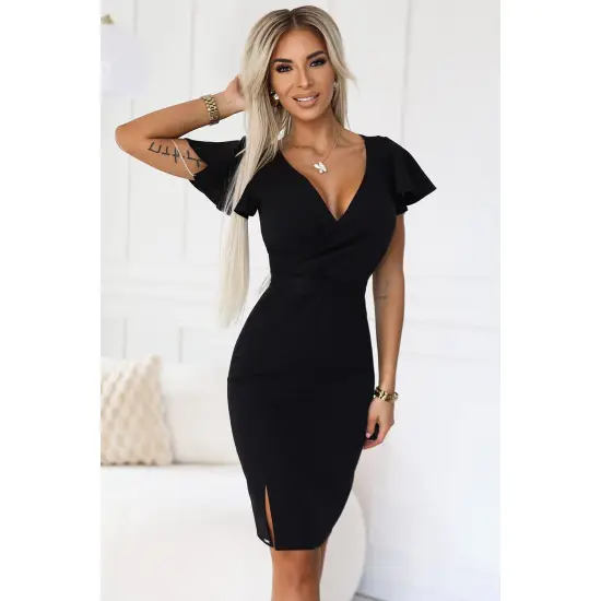479-9 NINA elegancka sukienka z kopertowym dekoltem, rękawkiem i paskiem - CZARNA-5